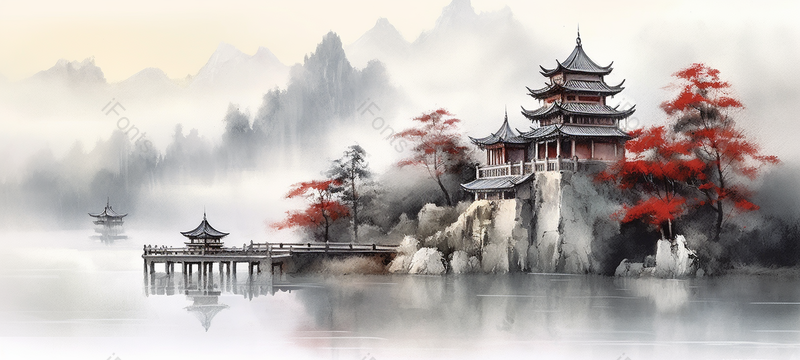 新中式水墨山水画寺庙红色树木远处山峰云雾环绕,插画/手绘图,插画/手绘图库,插画/手绘图下载,插画/手绘